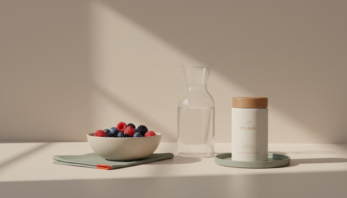 Minimal kitchen scene with bowl of berries, glass carafe and Tonum Motus supplement bottle on a beige counter, suggesting a protein shake for weight loss