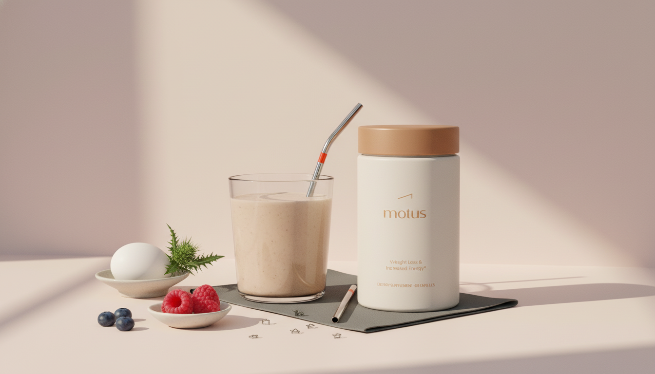 Minimal lifestyle photo of a protein shake in a glass beside a Tonum supplement jar and simple ingredients on a #F2E5D5 background, highlighting clean nutrition.