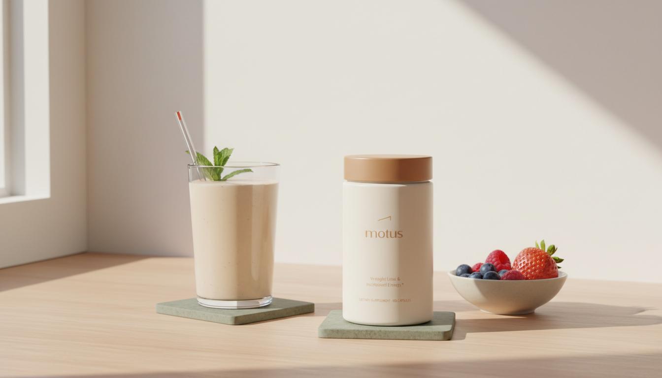 Minimalist kitchen still-life with Tonum Motus bottle beside a glass protein shake, bowl of berries and mint on a clean counter — protein shakes for belly fat
