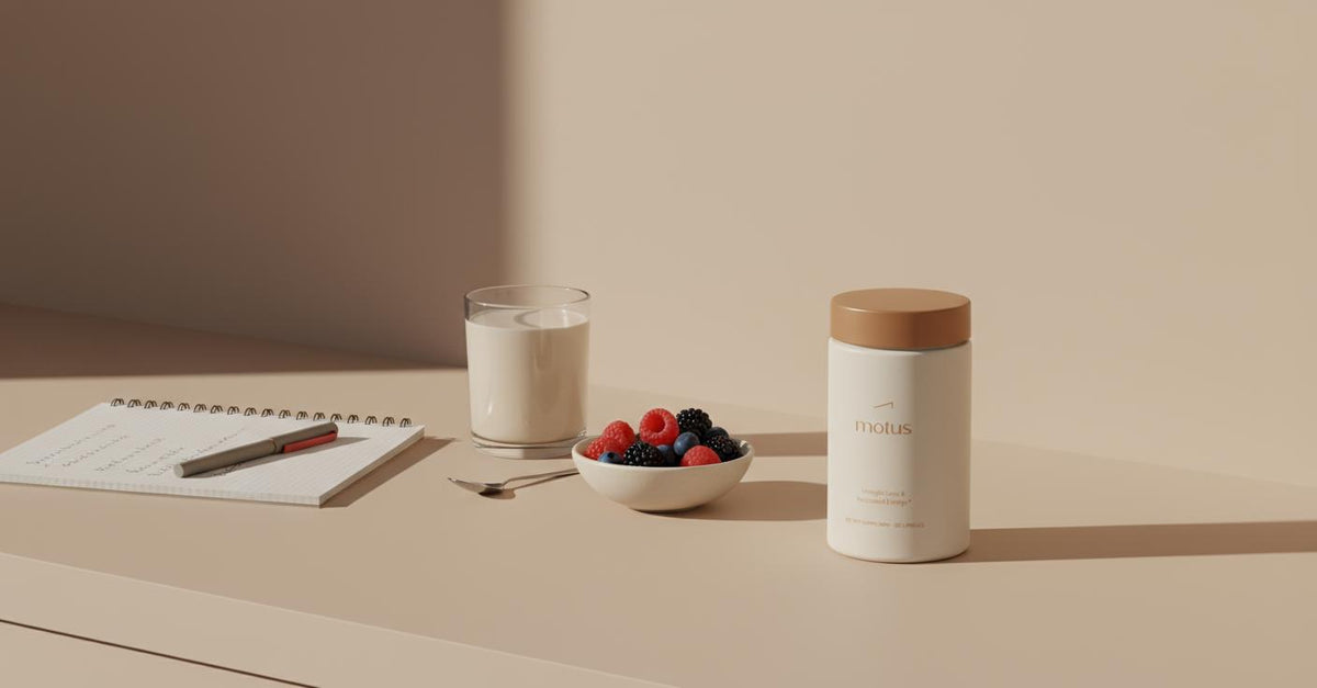 Minimal kitchen counter with Tonum Motus jar, creamy glass of protein shakes for weight loss, bowl of fresh berries and open notebook in soft window light.