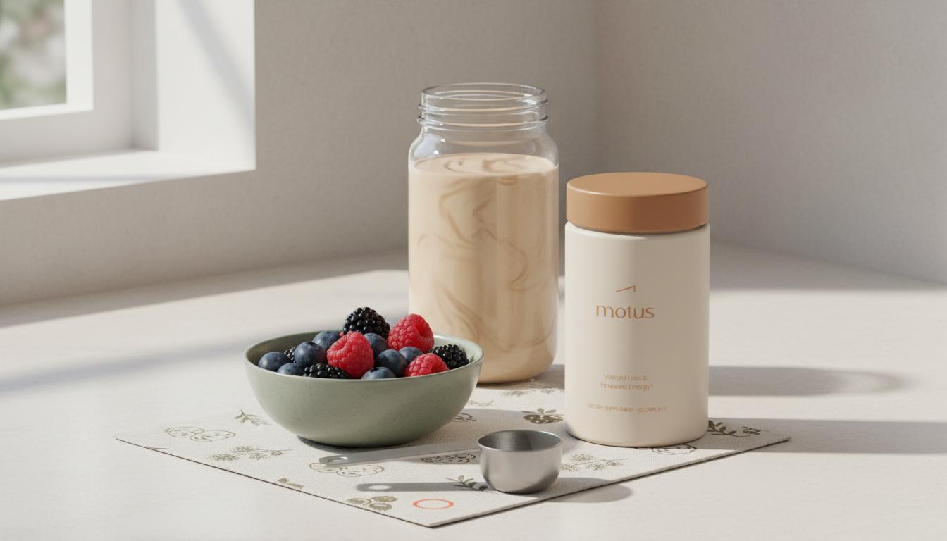 Minimalist kitchen still life with a Motus supplement jar beside a glass protein shaker, bowl of berries and measuring scoop — protein shakes for weight loss