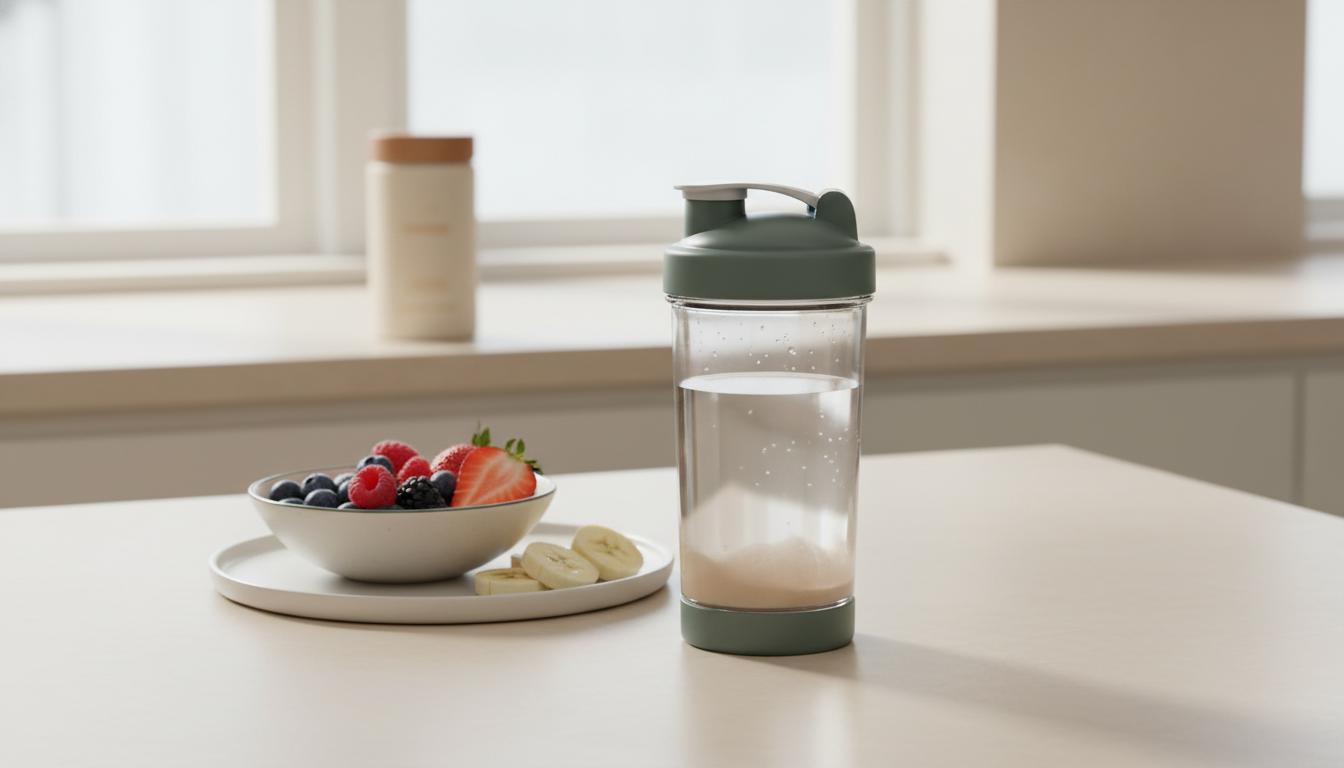 Minimalist countertop scene with shaker, Tonum product from reference photos, bowl of berries and sliced banana illustrating protein shakes without exercise morning nutrition