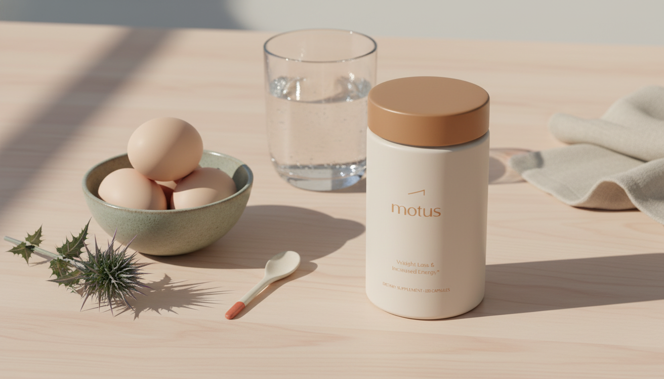 Tonum Motus supplement jar on a light wooden table beside eggs, a milk thistle sprig and glass of water in a minimalist clinical still-life, illustrating protein turn to fat