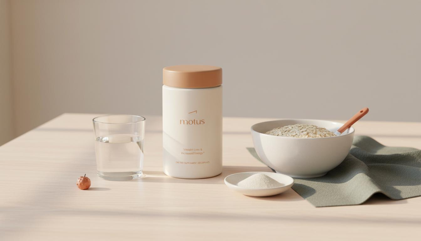 Minimalist kitchen scene with Tonum supplement jar, bowl of rolled oats and a small dish of psyllium husk powder next to a glass of water in soft morning light.