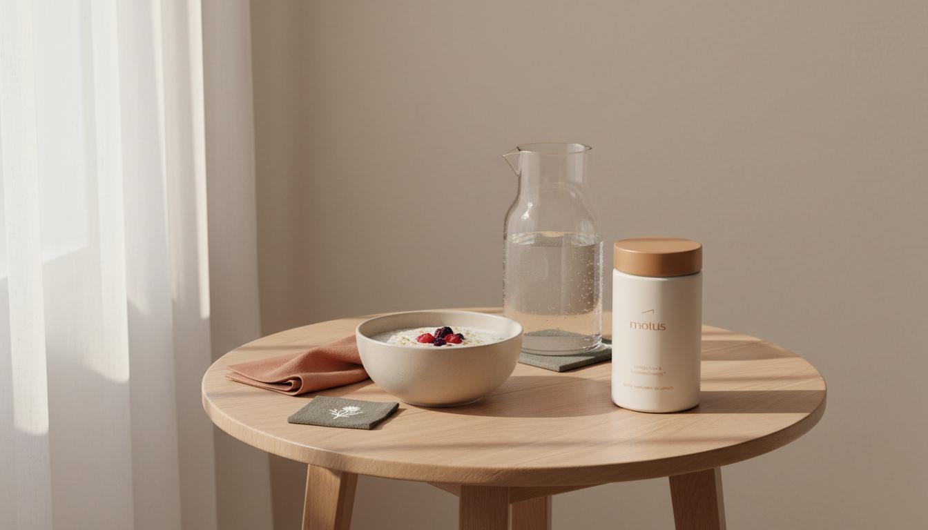 Minimalist breakfast scene with a Tonum supplement container beside a bowl of oats and a glass carafe on a round table in soft morning light — psyllium husk