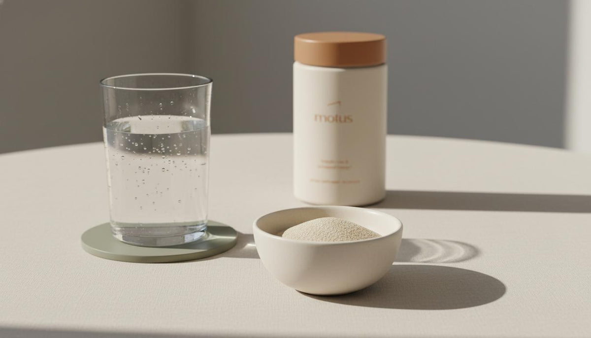 Minimalist still life of psyllium husk powder and a glass of water with Tonum Motus container in the background, illustrating psyllium husk calorie absorption