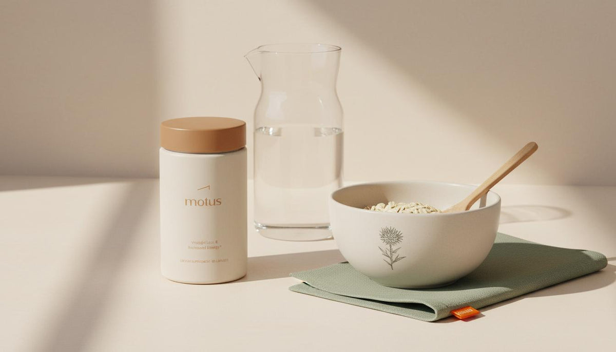 Minimalist kitchen counter with Tonum Motus supplement jar beside a glass carafe, ceramic bowl of oats and wooden spoon on a soft cream background — psyllium husk morning ritual.