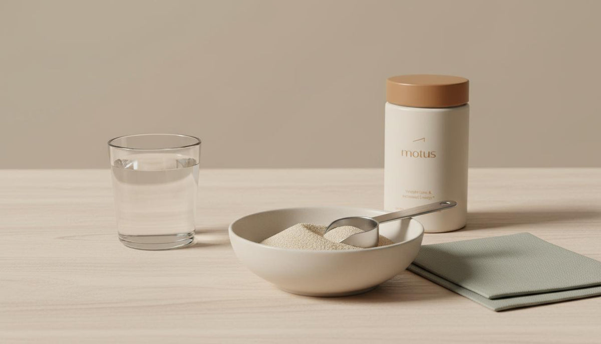 Minimalist tabletop with bowl of psyllium powder, metal scoop, glass of water and Tonum Motus jar in a clinical lifestyle setup illustrating psyllium husk per day