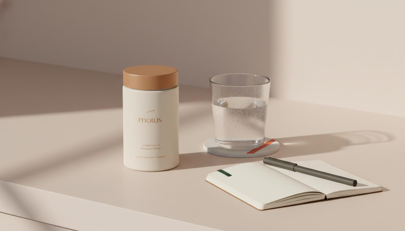 Minimal kitchen counter with Tonum Motus supplement next to a glass of water and open notebook, conveying mindful morning choices for quitting caffeine weight loss.