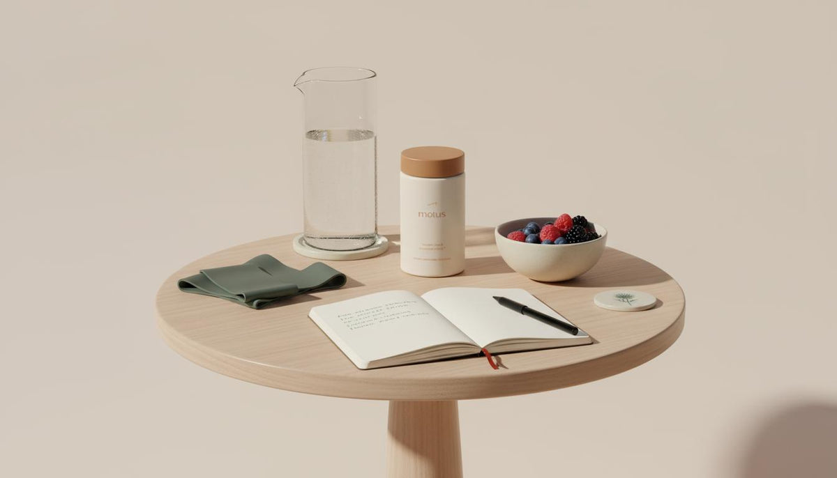 Minimalist morning scene with Tonum Motus supplement jar, carafe, bowl of berries and resistance bands on light beige background suggesting rapid fat loss.