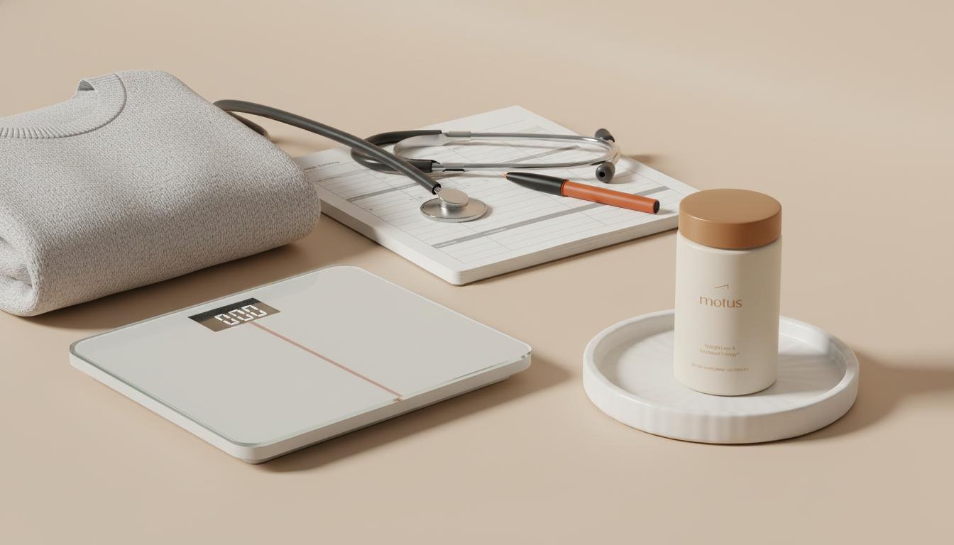 Minimal clinical scene with scale, folded sweater, Tonum Motus container on ceramic tray, stethoscope and open notebook on beige background — rapid unexplained weight loss causes