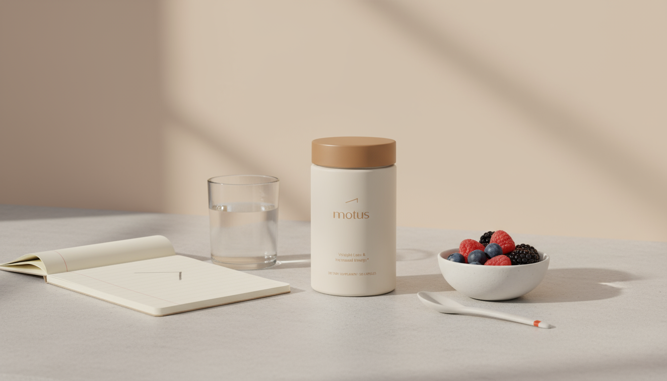 Minimal kitchen scene with Tonum Motus jar beside a bowl of berries, notebook and glass of water, minimalist health setup evoking rapid weight loss for men through daily habits.
