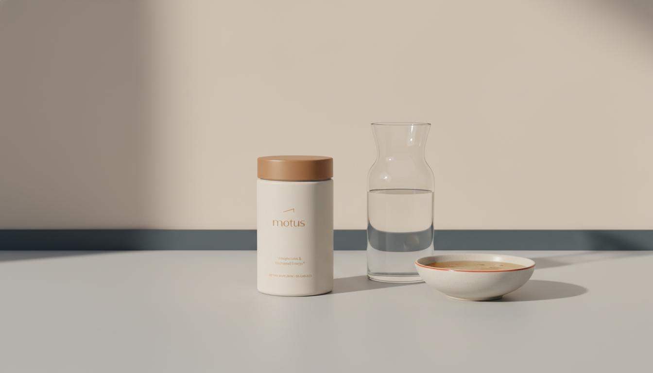 Motus supplement jar beside glass carafe and bowl of clear bone broth on beige Tonum countertop, minimalist clinical scene suggesting research-based rapid weight loss methods.