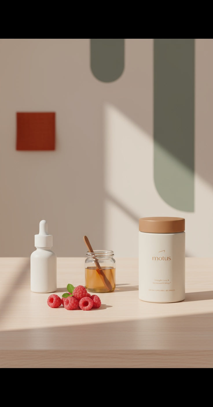 Minimalist Tonum scene with supplement jar, fresh raspberries and ceramic dropper bottle on a soft #F2E5D5 background, showcasing raspberry ketone for skin.