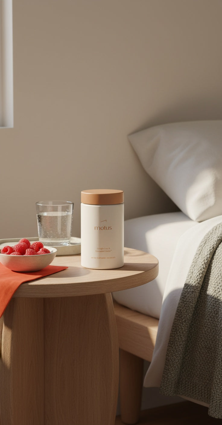Minimalist morning bedside scene with Tonum Motus supplement jar beside a glass of water and bowl of raspberries, suggesting raspberry ketones for mindful routines.