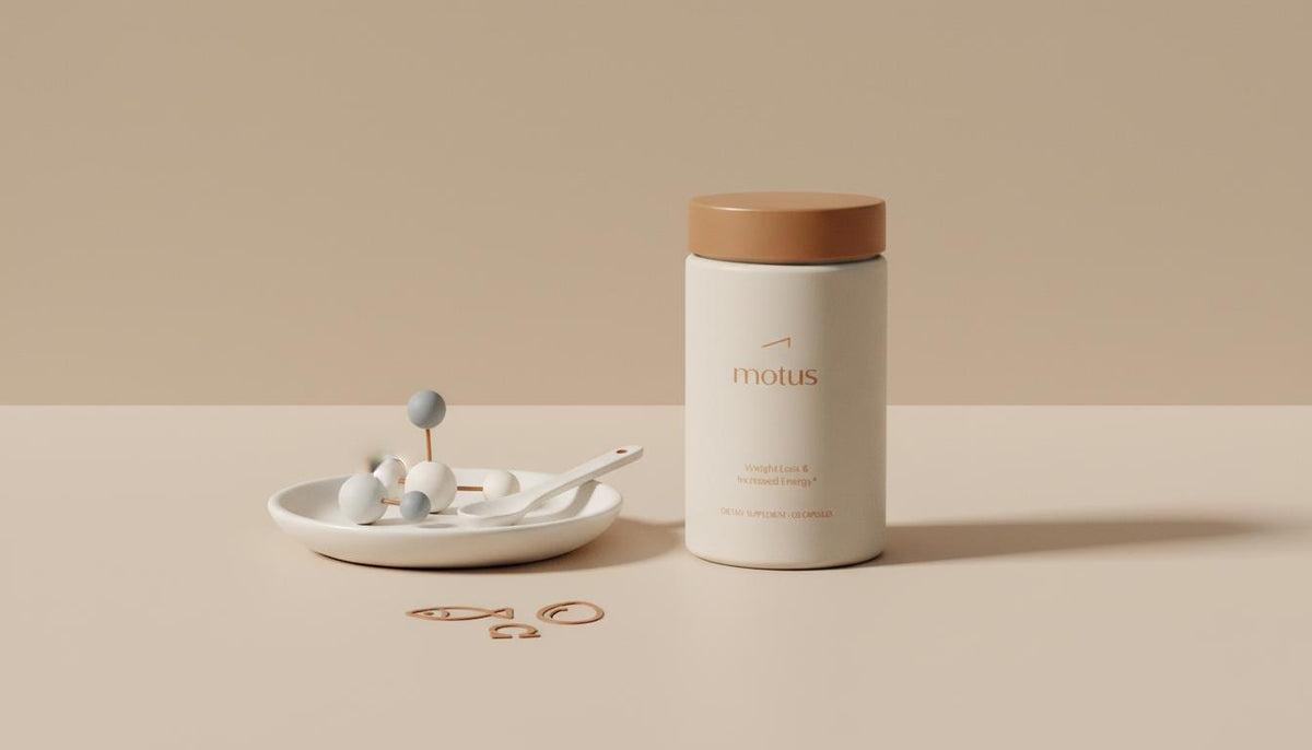 Minimalist still life of Tonum container and ceramic dish with molecular icons and omega‑3 food icons on beige background to rebalance brain neurotransmitters.