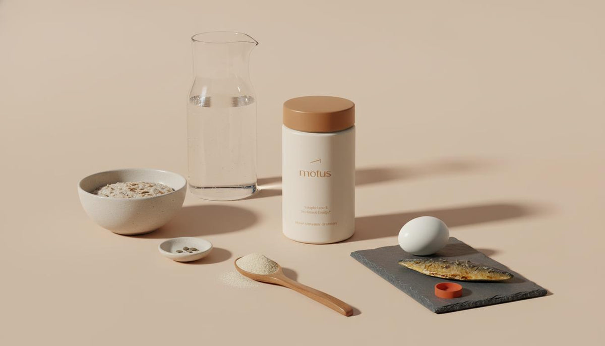 Minimalist flat-lay of Tonum Motus supplement bottle with oats, water carafe, psyllium spoon, egg and fish on a slate tile illustrating reduce appetite.