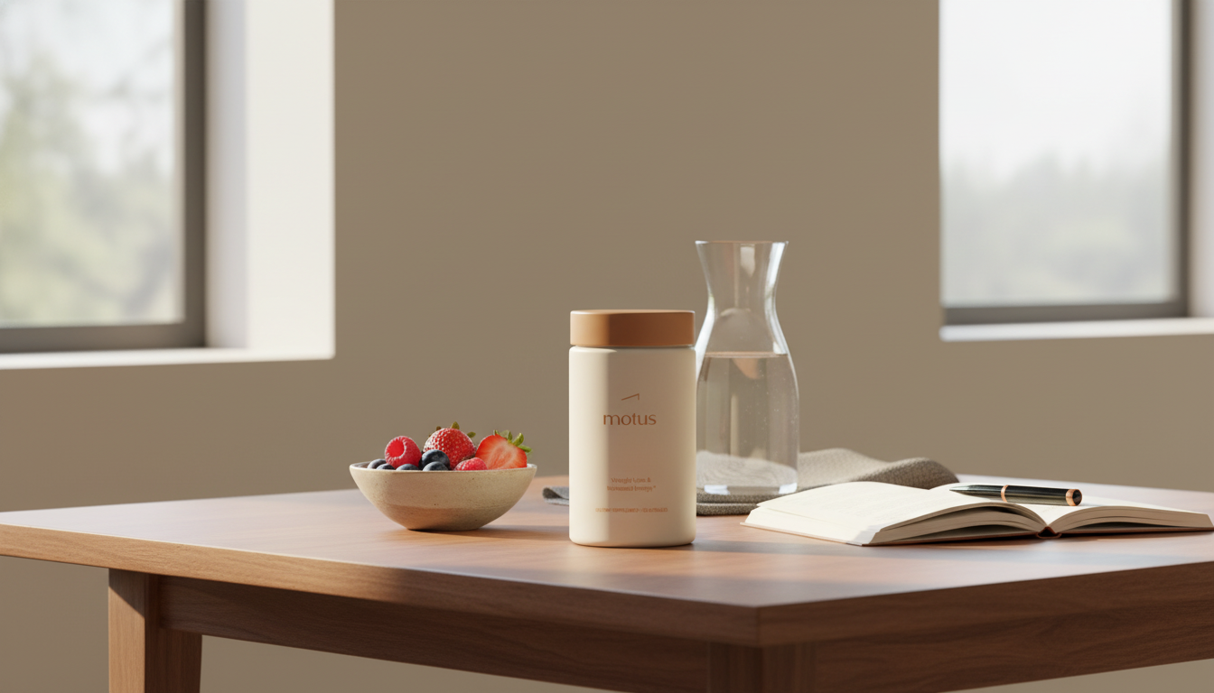 Minimal still-life of Tonum Motus supplement jar beside a glass carafe, bowl of mixed berries and an open notebook on a wooden table, soft natural light — reduce body fat in 7 days