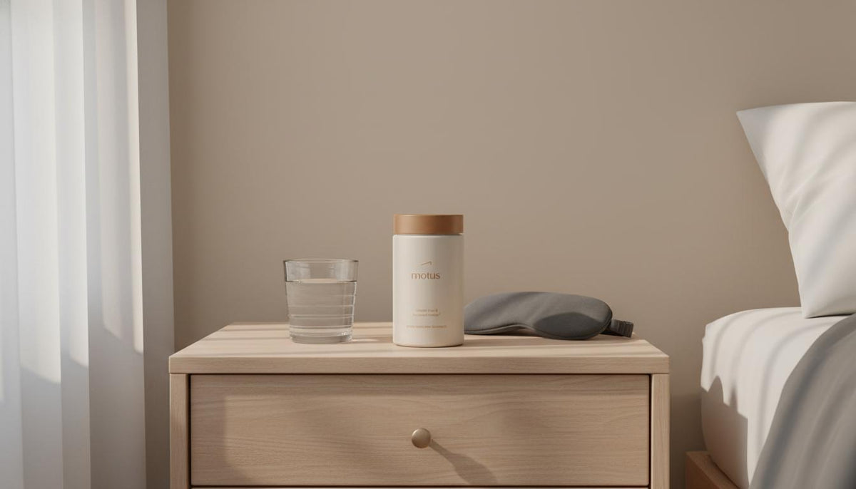 Minimalist bedside still life with Tonum Motus container, glass of water and folded sleep mask in soft morning light, promoting reduce cortisol weight gain