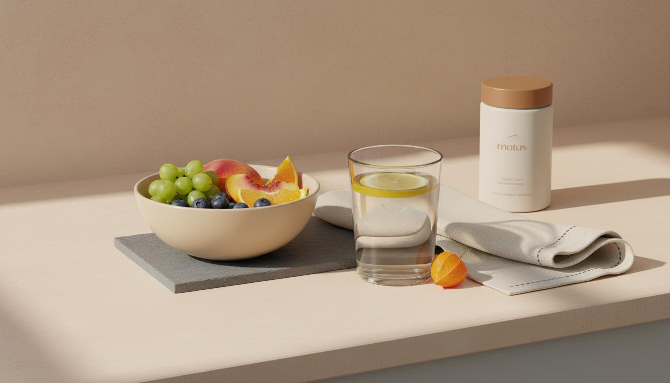 Minimalist still-life with bowl of mixed fruit, a lemon water glass and the Tonum Motus product from the reference photo to reduce food cravings naturally on a Tonum beige background.