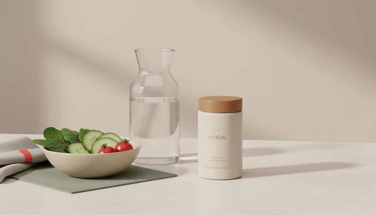 Minimalist kitchen countertop with fresh vegetables, glass carafe and Tonum Motus supplement, showcasing simple nutrition to reduce liver fat in a calm, clinical style.