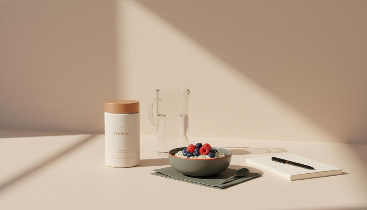 Minimalist kitchen counter with Tonum Motus supplement bottle beside a glass pitcher of water, bowl of oats with berries and a notebook, calm daylight scene to reduce liver fat.