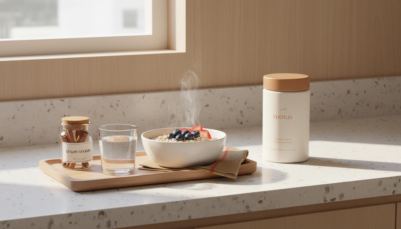 Minimalist kitchen counter with oatmeal bowl, cinnamon jar, glass of water and Tonum Motus container, styled to reduce sugar craving in a calm late-afternoon scene.