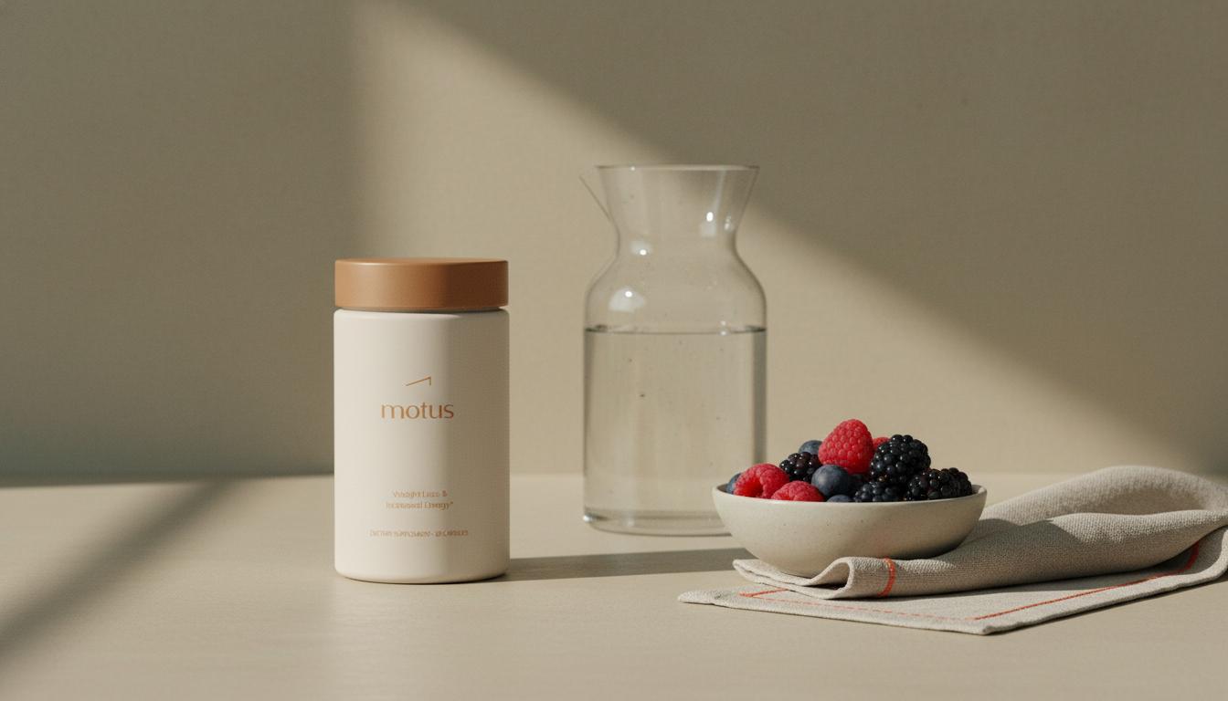 Tonum Motus container on a neutral kitchen counter with glass carafe, bowl of mixed berries and linen napkin, calm clinical-meets-lifestyle scene to reduce sugar cravings naturally