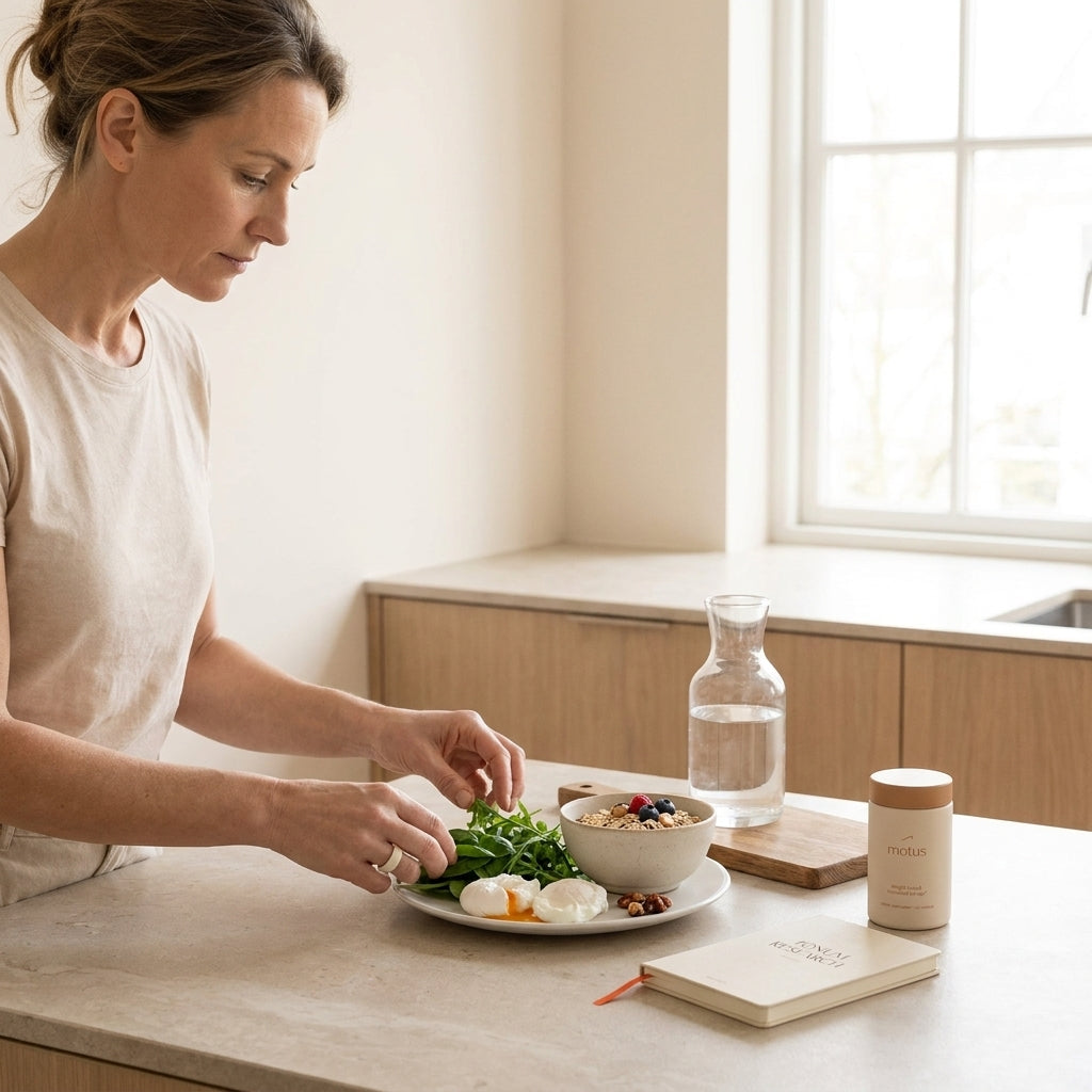 Middle-aged woman preparing a high-protein breakfast with eggs, greens and oats in a minimalist kitchen, Tonum supplement jar visible on the counter — reset metabolism after 40