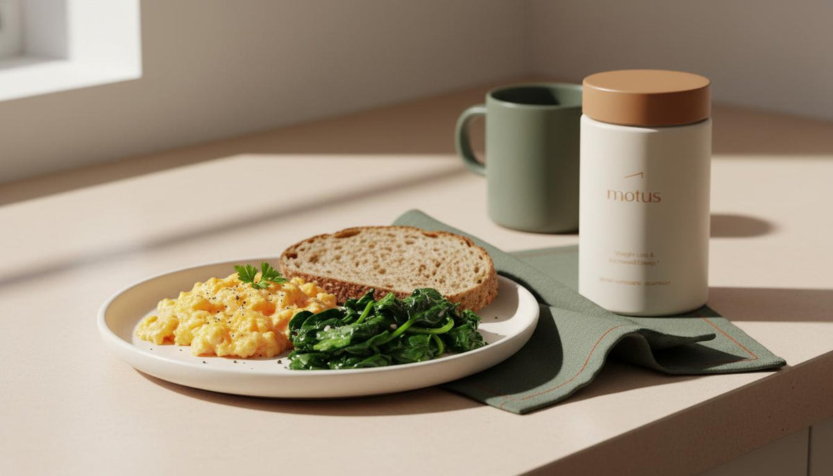 Tonum Motus container beside a plate of eggs, spinach and whole-grain toast on a clean counter in soft morning light to reset metabolism