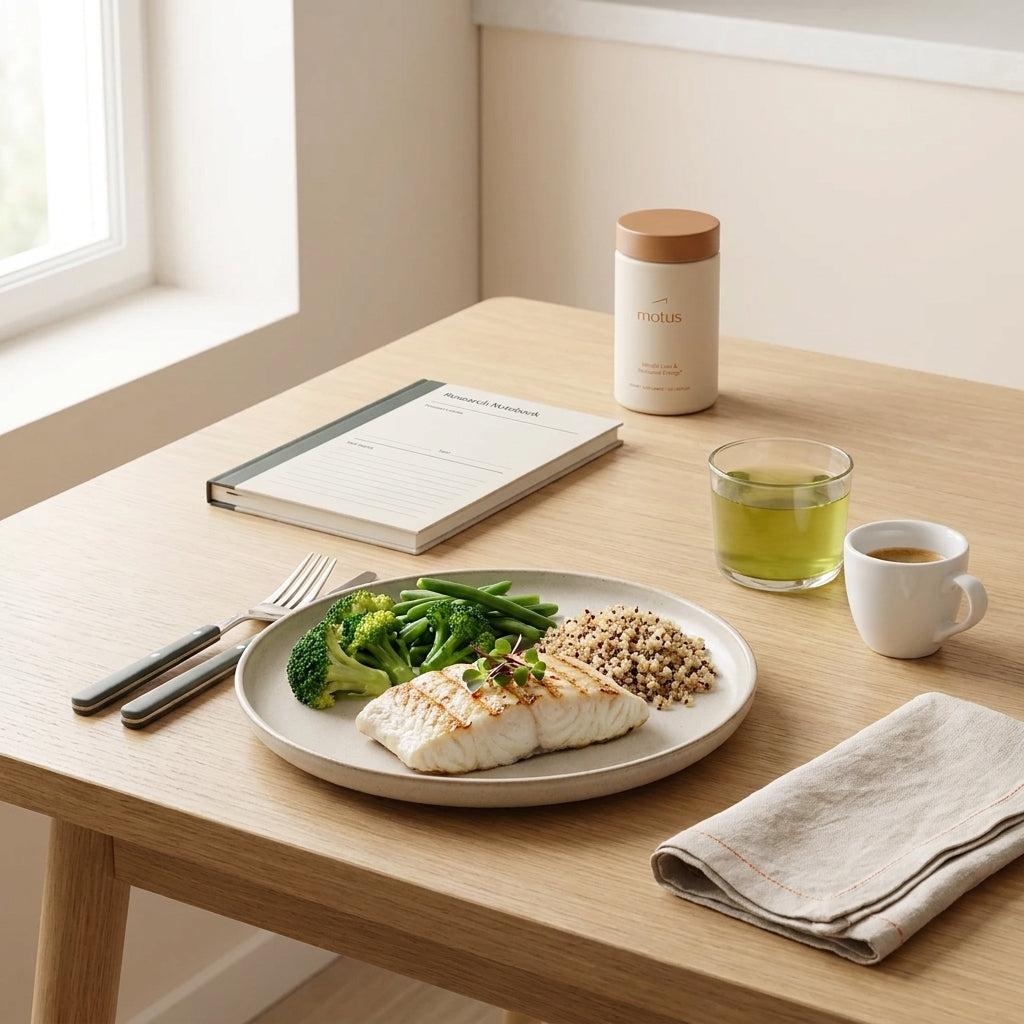 Minimalist breakfast plate with grilled fish, vegetables and whole grains beside green tea and a subtle Tonum supplement container in the background to reset your metabolism after 40