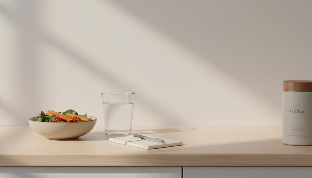 Minimalist kitchen counter with bowl of mixed vegetables, glass of water, notepad and Tonum Motus supplement jar, conveying daily habits to reverse fatty liver disease.