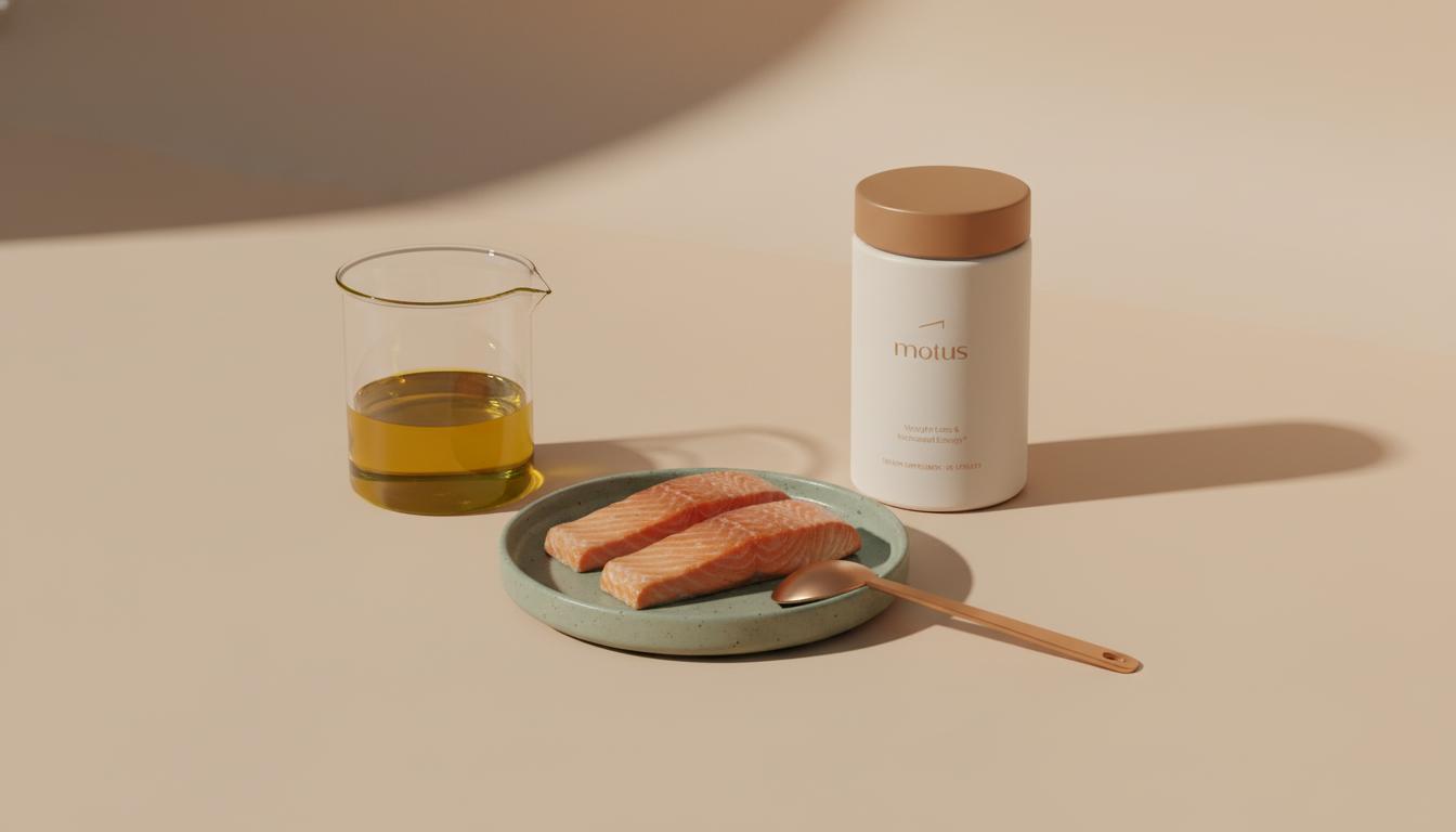 Minimal clinical still life with Tonum Motus supplement, beaker of olive oil and fatty fish on beige background, conveying nutrition and metabolic care to reverse fatty liver quickly