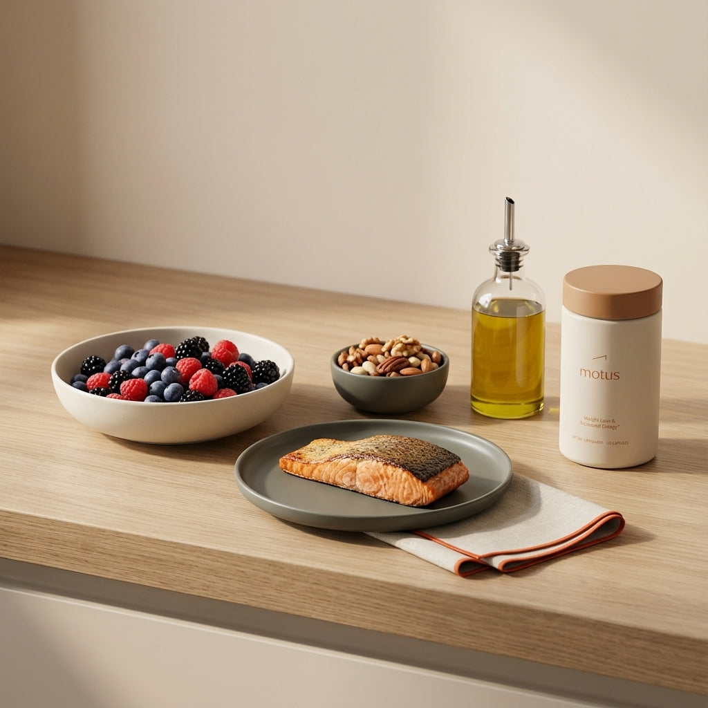 Minimalist still-life of berries, oily fish, nuts and olive oil with Tonum Motus container on a wooden counter, illustrating dietary approach to reverse type 2 diabetes naturally.