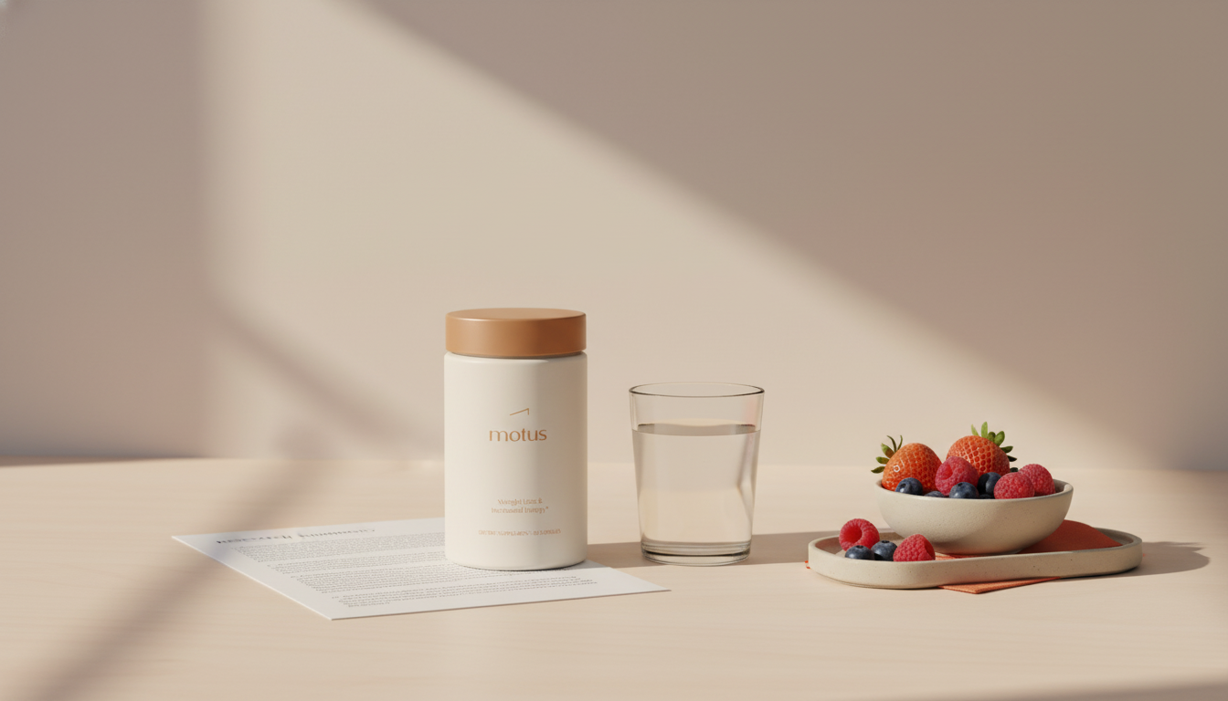 Minimalist kitchen counter with Tonum Motus bottle beside a glass of water, bowl of berries and folded research summary, illustrating risks of thermogenics
