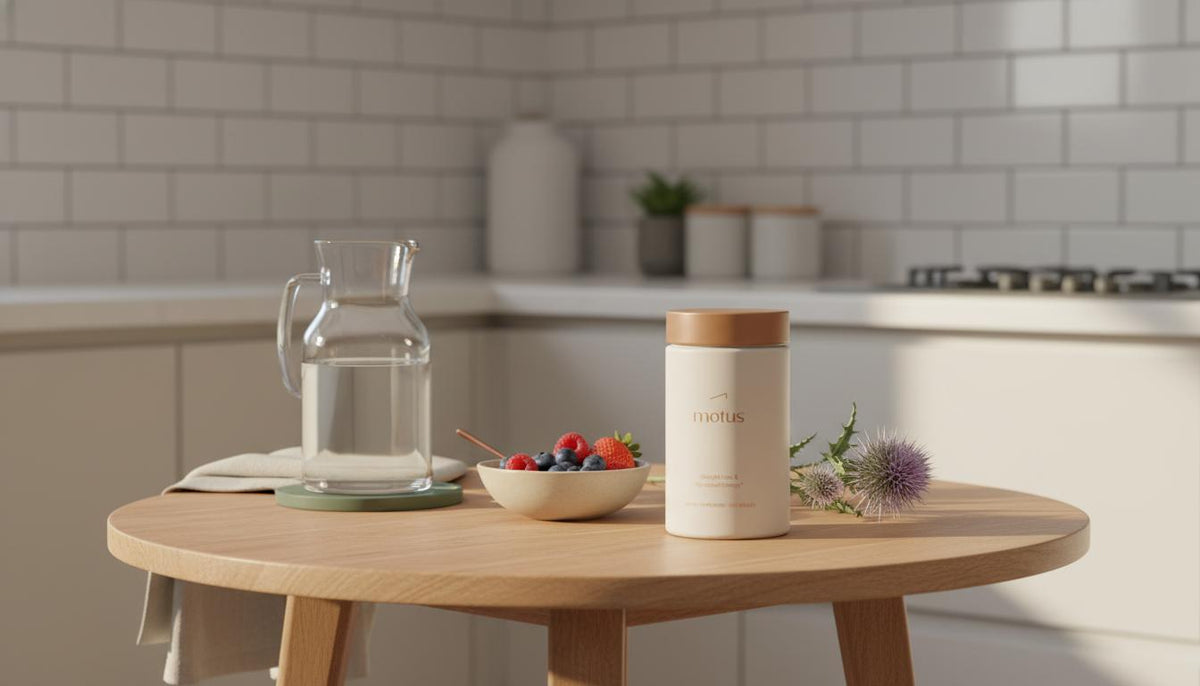 Minimal morning kitchen scene with Tonum Motus supplement jar on a wooden table beside a carafe, bowl of berries and milk thistle sprig, representing safe weight loss pills.