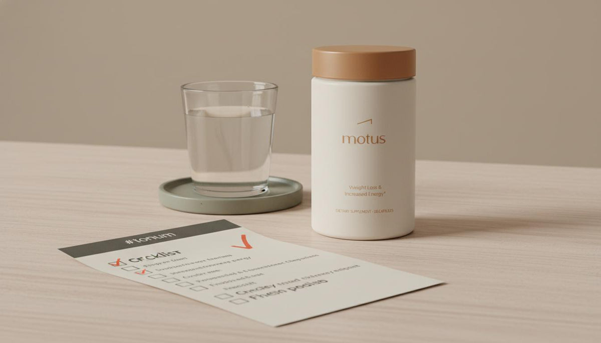Minimalist still life of Tonum Motus container next to a glass of water and folded checklist on pale wood and #F2E5D5 background, showcasing the safest fat burner