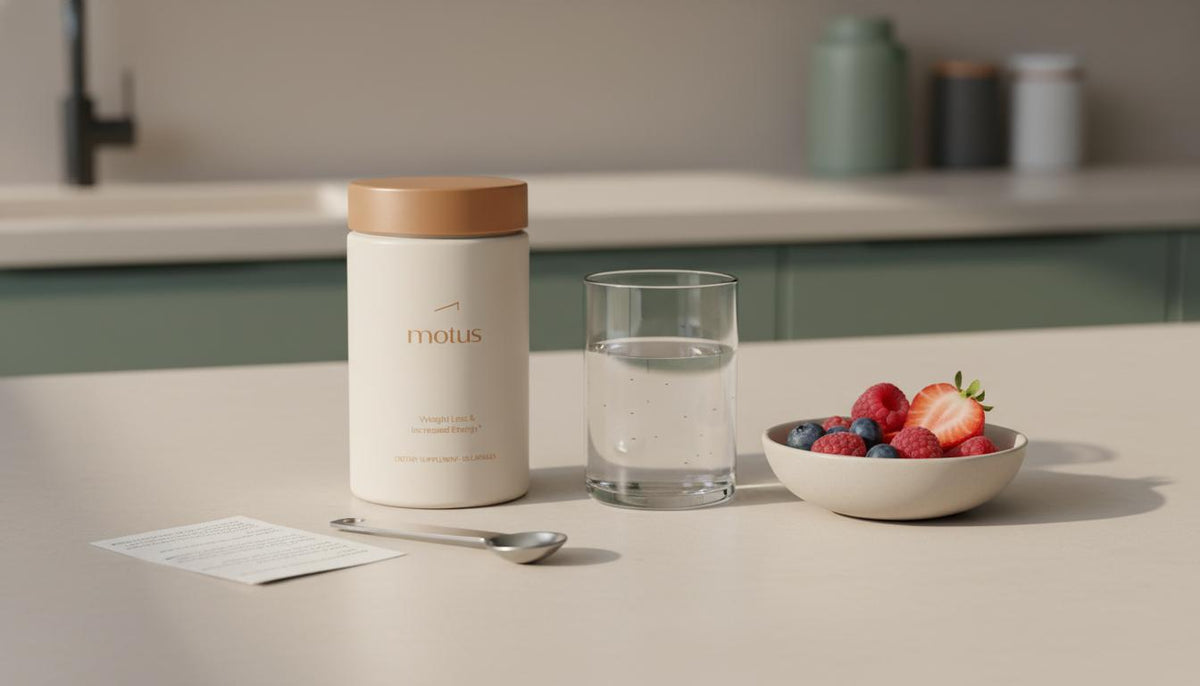 Minimalist kitchen counter with Tonum Motus supplement jar beside a glass of water and bowl of berries on beige background, suggesting safest weight loss methods.