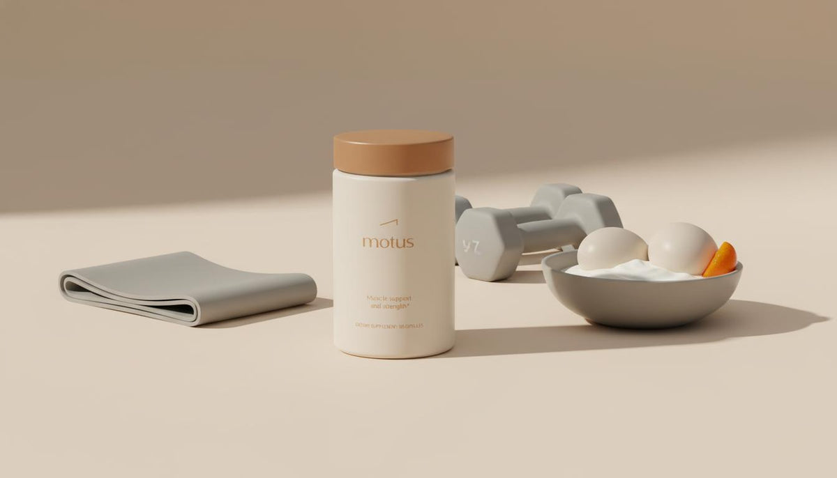 Minimalist still life of a Tonum Motus supplement container beside a resistance band, compact dumbbells and a bowl of eggs and Greek yogurt on a soft beige background, conveying muscle health and sarcopenia prevention.
