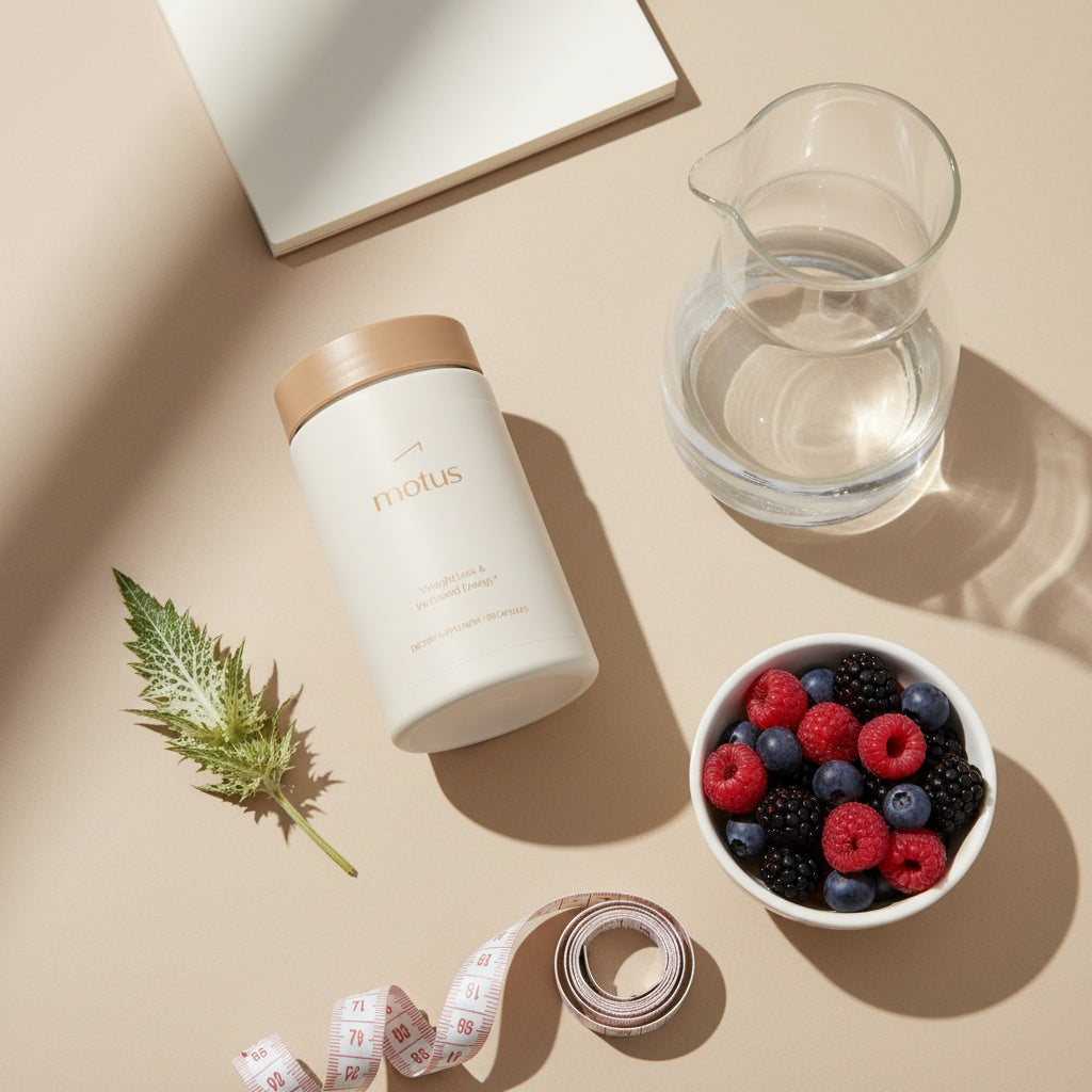 Minimal flat-lay of Tonum Motus supplement jar with carafe of water, bowl of berries, milk thistle leaf, notebook and measuring tape on beige tabletop — semaglutide vs phentermine