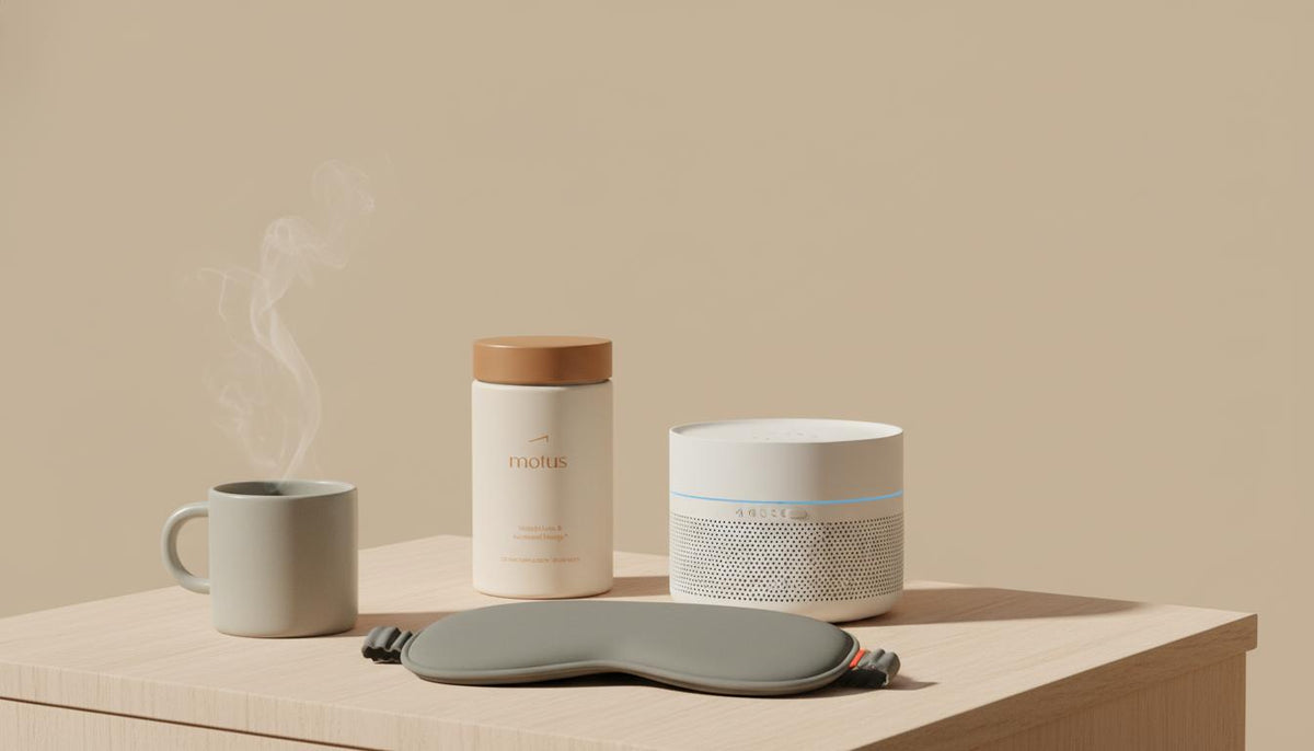 Minimalist bedside scene with steaming mug, compact sound device, folded sleep mask and Tonum supplement container on beige background, evoking a serotonin-supporting night ritual.