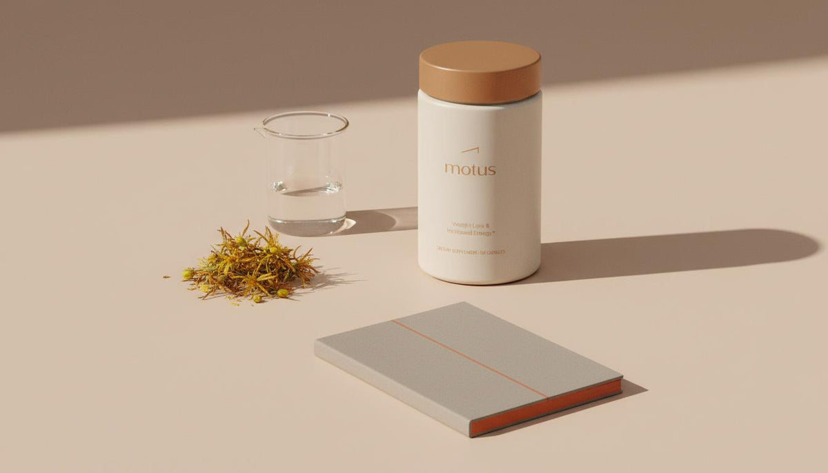 Minimalist still-life of Tonum supplement jar with glass beaker, dried St John's wort flowers and branded notebook on beige #F2E5D5 background, highlighting serotonin supplements.