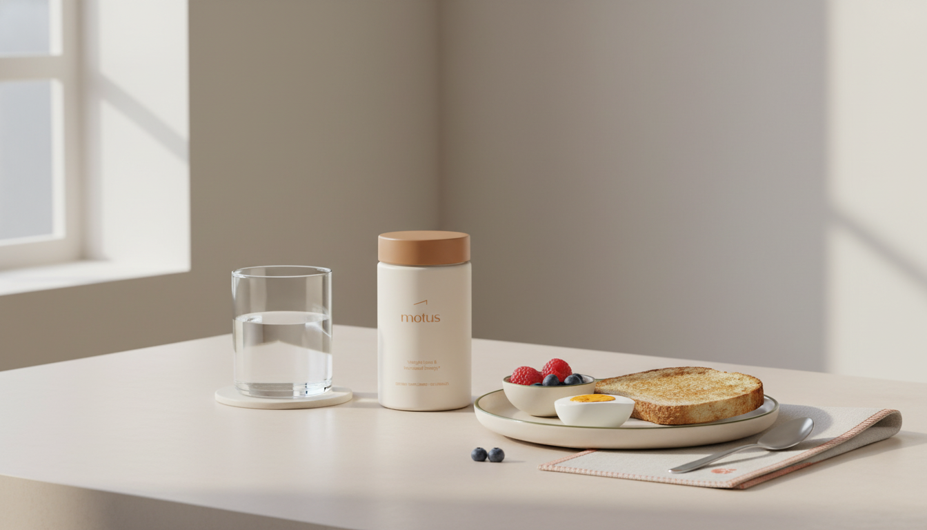 Minimal kitchen counter scene with Tonum supplement jar, glass of water and modest breakfast (egg and berries) in brand colors, illustrating side effects of bariatric multivitamins