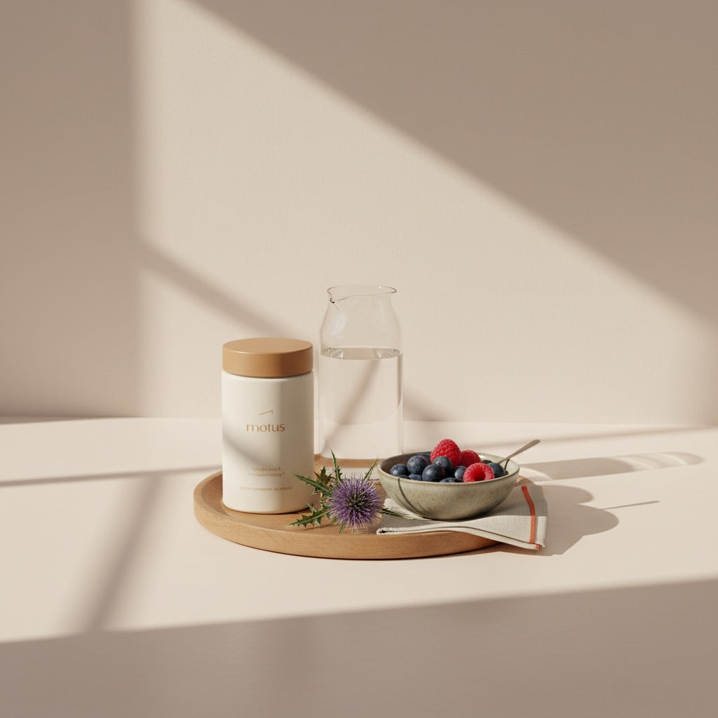 Minimalist kitchen scene with Tonum supplement jar on a wooden tray beside a carafe, bowl of berries and milk thistle, illustrating side effects of taking ketones