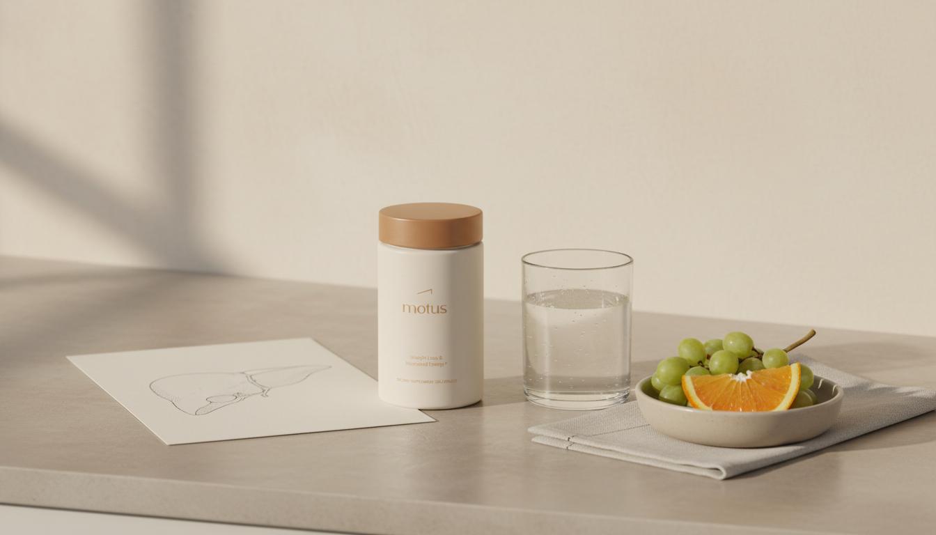 Minimalist kitchen counter with Tonum supplement container beside glass of water and fruit bowl, soft natural light and an out-of-focus liver sketch in the background — signs of a liver problem