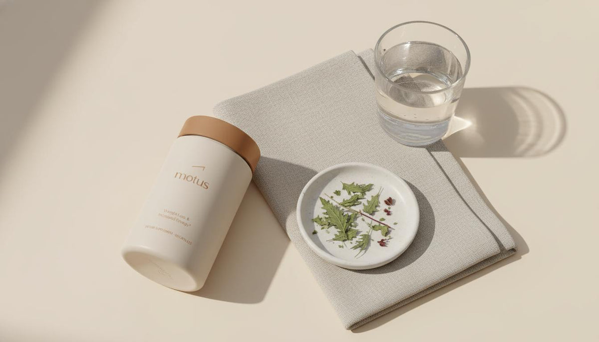 Minimalist flat-lay of Tonum Motus container with milk thistle leaves and a glass of water on a clean lab-style countertop, evoking signs of alcohol-related liver damage