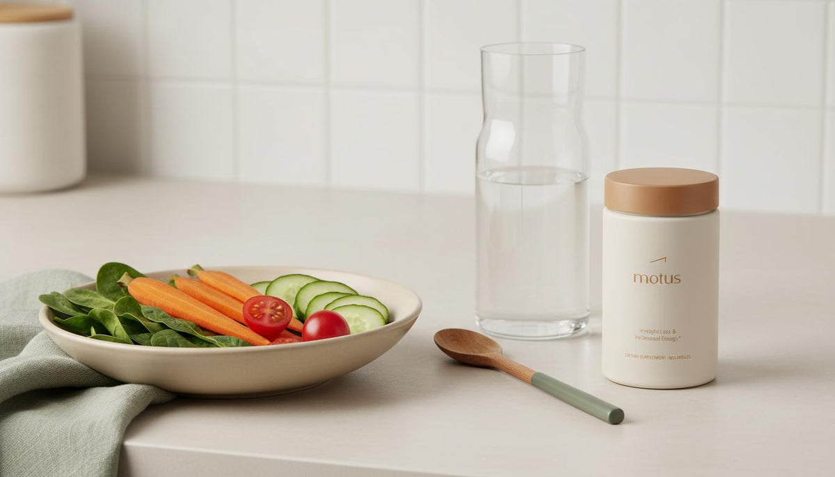 Minimal kitchen counter with open bowl of mixed vegetables, glass carafe and Tonum Motus container subtly placed to suggest balance and signs of an unhealthy gut.