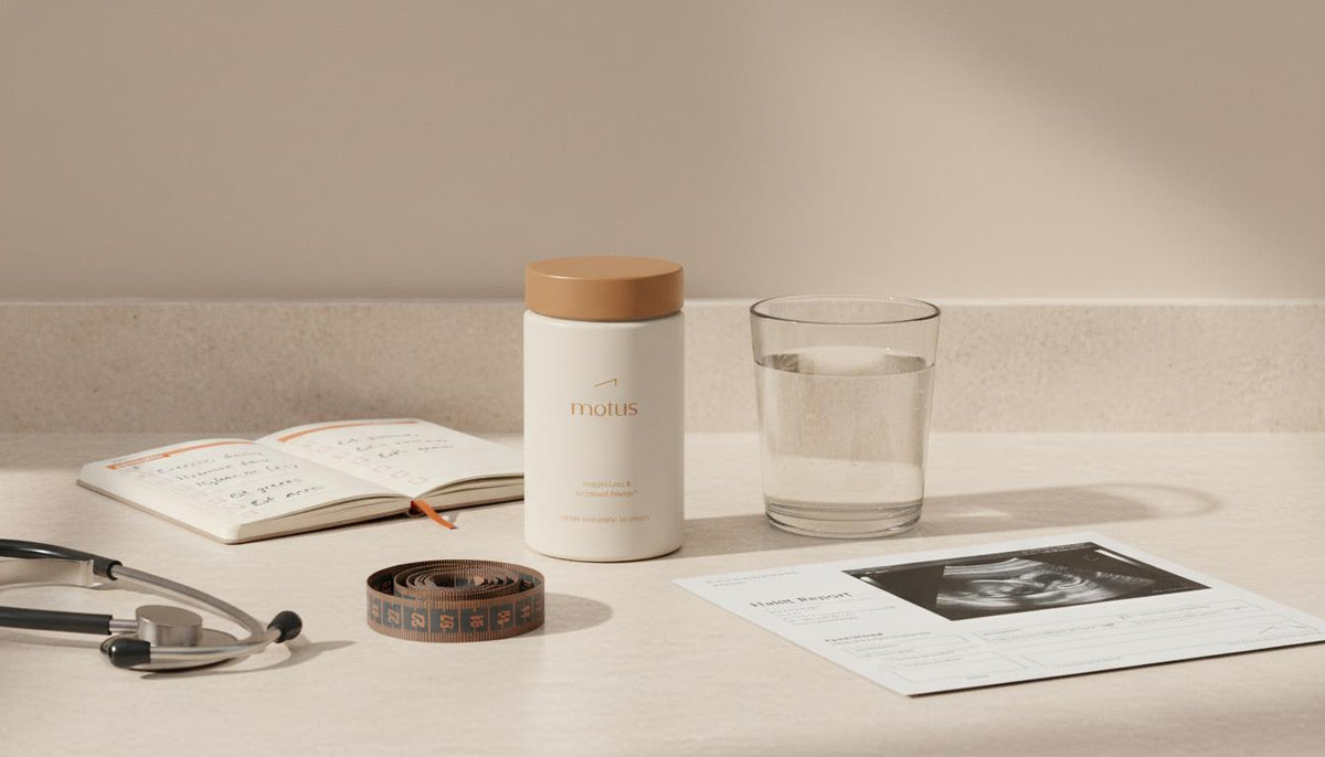 Minimalist kitchen counter with Tonum Motus product, water glass, folded lab report with ultrasound, notebook, measuring tape and stethoscope — signs of fatty liver