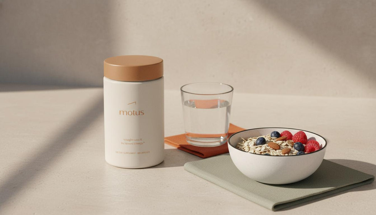 Full-frame minimalist Tonum scene: product container beside glass of water and bowl of berries and oats on a beige counter, clean clinical lifestyle image for signs of liver damage.