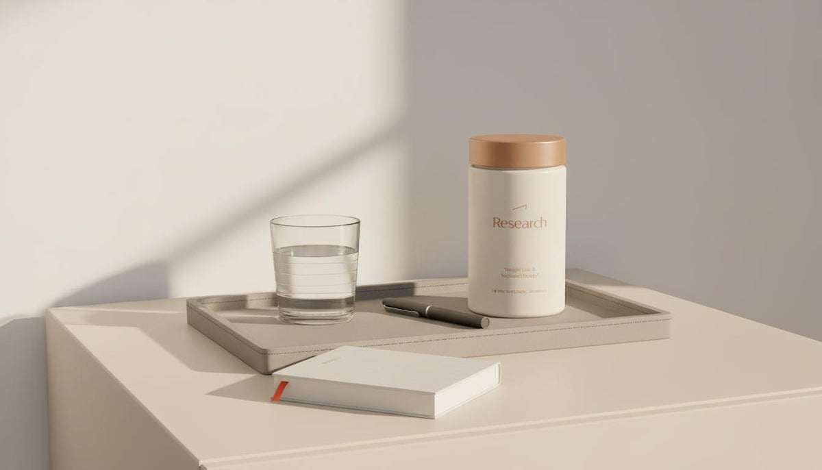 Minimalist bedside tray with Tonum supplement jar labeled 'Research', glass of water and notebook, calm clinical-meets-lifestyle scene evoking signs you need adrenal support